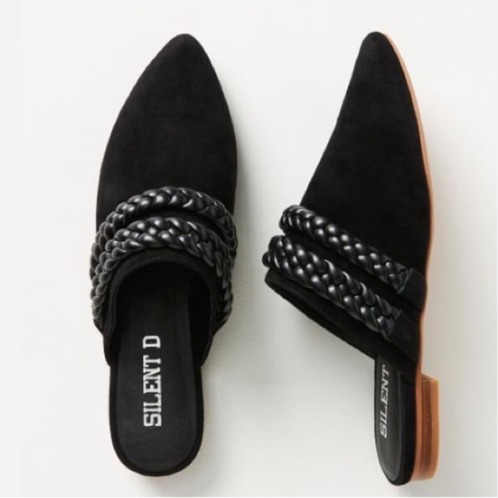 NEW Anthropologie Silent D Gideota Black Suede Braided Point Toe Flat Mules